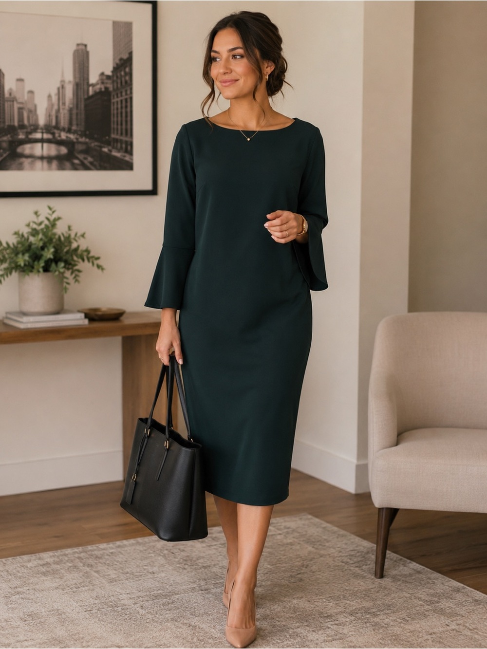 Calvin Klein Bell Sleeve Forest Green Sheath Dress - Size 16W